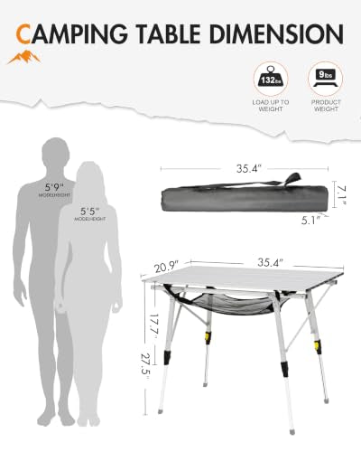 Outdoor Folding Picnic Camping Table - Silver, Large 35.4"L x 20.9"W, Adjustable Height, Roll Up Top & Mesh Layer