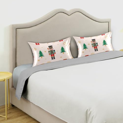 Christmas Tree Nutcracker Pillow Covers Silk Pillowcase for Hair and Skin with Envelope Closure Satin Pillowcase Standard Size Pillow Case for Sleeping Women Girls Boys Room (20x30 Inch)