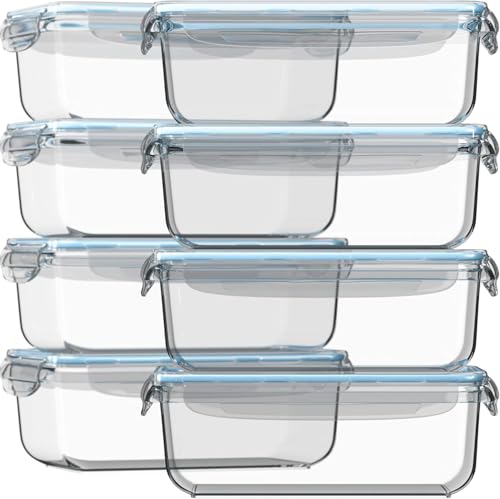 Razab 16 Pc Glass Meal Prep Containers Set with Blue Lids - Airtight & Reusable