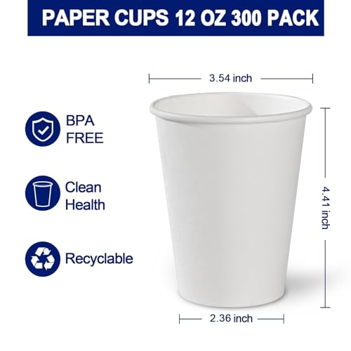White 12 oz Paper Coffee Cups - 300 Pack Disposable Leak-Proof Drinkware - Variation: White / 12 OZ-300 Pack