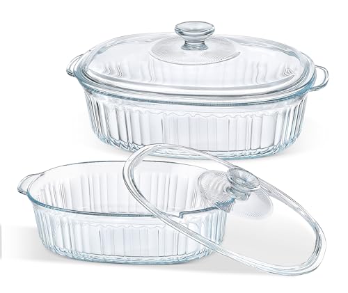 Glass Casserole Baking Dish Set - 1.9 Qt and 3 Qt with Lids, Oval, Borosilicate
