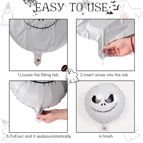 Halloween Skull Balloons Set, 18 Inch White Smiley Face Skull Mylar Foil Balloons Kit for Kids Horror Before Day of the Dead Trick or Treat Christmas Party Decorations Supplies