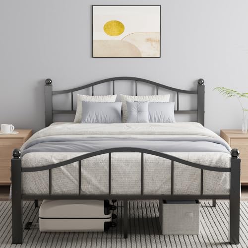 Full Size Black Metal Bed Frame with Headboard — Noise-Reducing, Space-Saving Design