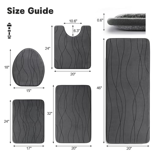 YIHOUSE 5-Piece Dark Grey Memory Foam Bathroom Rugs Set - Non-Slip, Ultra-Soft, Absorbent