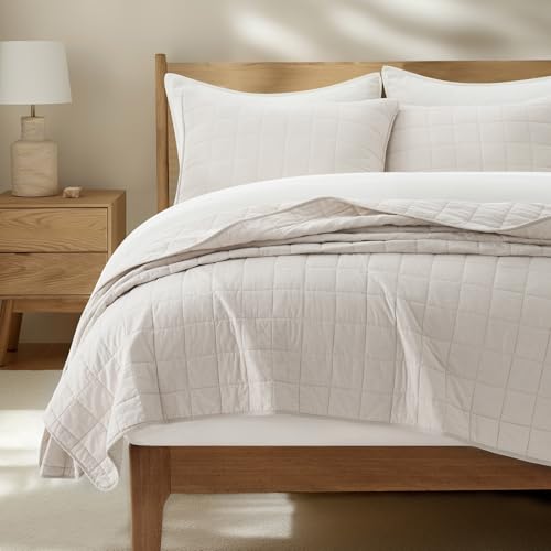 Queen Size Cotton Quilt Set with Box Stitch Design - Birch, 100% Cotton, Soft & Breathable