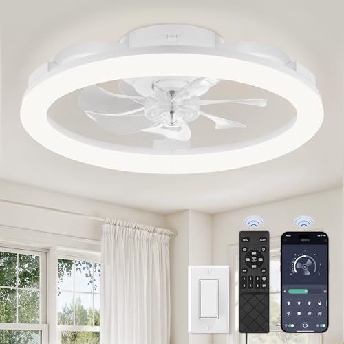 20-Inch Ceiling Fan with Lights and Remote Control - White, 7-Blade, Dimmable LED, Bedroom Fan