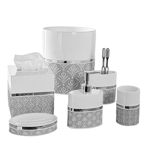 Resin Bathroom Accessories Set with Mirror Damask Design - 6 Pieces