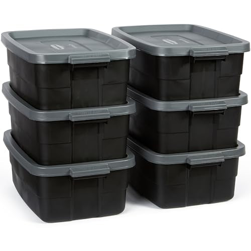 Heavy Duty Plastic Storage Totes 10 Gal 6 Pack with Lids - Stackable Garage & Attic Bins - Black & Gray