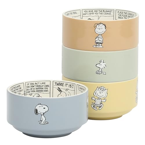 Peanuts Snoopy Bonbon Bites Decorated Stackable Ceramic Bowls Set - 4 Pack, 5.5-Inch, Microwave & Dishwasher Safe