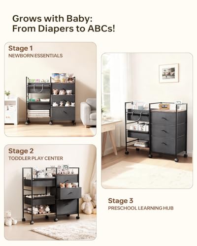 Grey 2-in-1 Baby Diaper Caddy Organizer with Wheels and Storage