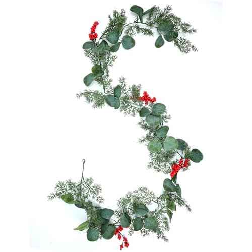 5.9 Feet Eucalyptus Leaves Red Berry Norfolk Pine Christmas Greenery Garland for Table, Mantle, Wall, Indoor, Outdoor Christmas Decorations
