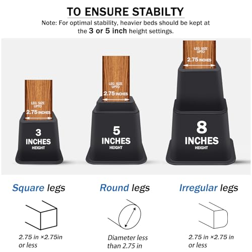 ANNKUT 8 Inch Heavy Duty Bed Risers 8 Pack - Adjustable Furniture Elevation for Bed, Sofa, Desk, Black