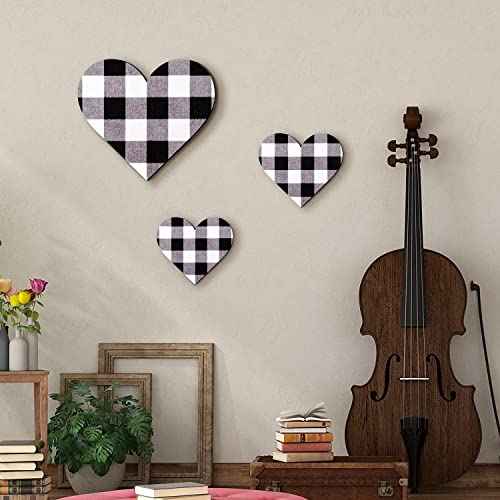 Jetec 3 Pcs Heart Shaped Wood Sign Gray Purple Buffalo Plaid Christmas Wall Decor Farmhouse Rustic Wooden Heart Hanging Wall Sign for Kitchen Bedroom Bathroom Living Room Gift, 3 Sizes