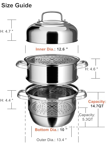 VENTION 3-Tier Induction Steamer Pot 13.4 Inch / 14.7 Qt with 2 Trays & Basket