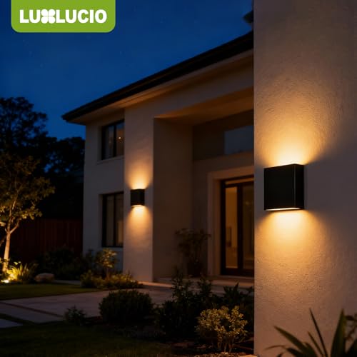 LUXLUCIO 2 Pack Black Up & Down LED Wall Lights - Waterproof Dimmable Modern Porch & Bedroom Fixture