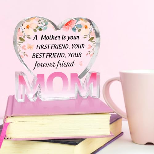 Mothers Day Gifts Best Mom Gifts -Gifts for Mom from Daughter Son - Best Mom Ever Gifts Unique Mother Birthday Acrylic Heart-Shaped Plaque Desk Decorations Present for Mom Christmas Anniversary