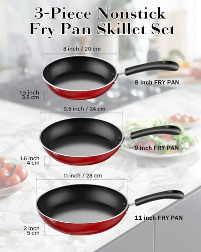 Marble Red Cook N Home 8/9.5/11-Inch 3-Piece Nonstick Frying Pan Set, Induction Compatible