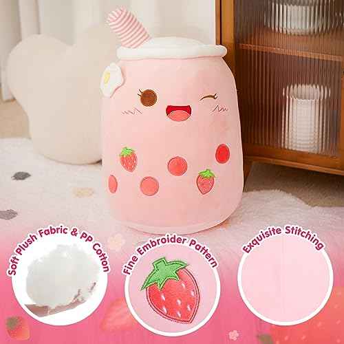 Athoinsu Light Up Strawberry Boba Tea Soft Plush Pillow 10'' Kawaii Milky Tea Stuffed Bubble Animal Toy with LED Lights Birthday Christmas Holiday Valentines Gifts for Kids,Girls,Boys