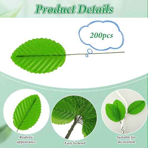 200 Pcs Artificial Leaves for Crafts Fake Green Leaves for Decoration Silk Greenery Faux Wired Single Leaf for DIY Wedding Corsage Party Home Decoration Bouquets Centerpieces Christmas