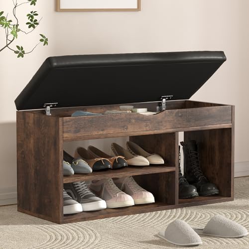 Brown 31.5-Inch Upholstered Entryway Shoe Storage Bench with Cushion
