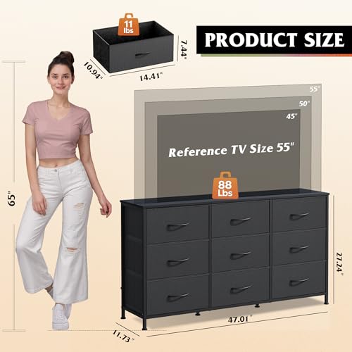WLIVE Black 55 Inch TV Dresser with 9 Detachable Fabric Drawers Bedroom Storage