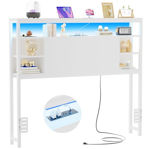 Twin Headboard with Storage & RGB LED Lights, Power Outlets, White