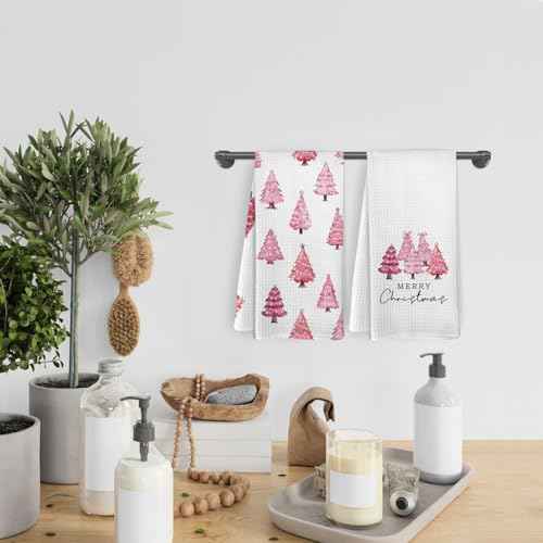 Pink Christmas Tree Kitchen Towels and Dishcloths Set of 2, Pink Christmas Decor, Pink Dish Towels, Merry Christmas Decorative Hand Towels for Bathroom Kitchen Girls Dorm Room, 16¡¿24 Inches