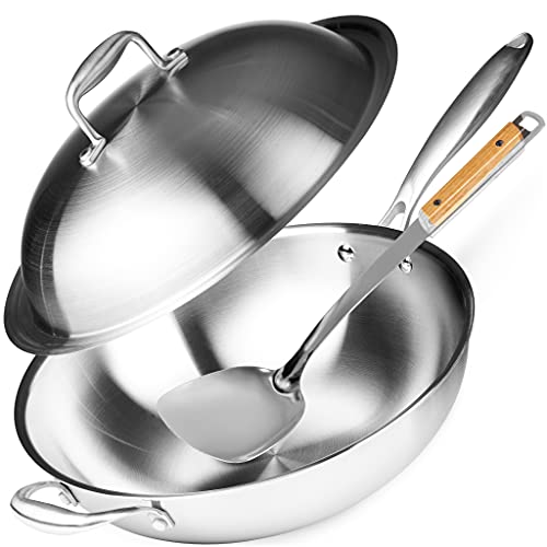 13-Inch Stainless Steel Wok Pan with Lid & Spatula - Professional Stir Fry Cookware