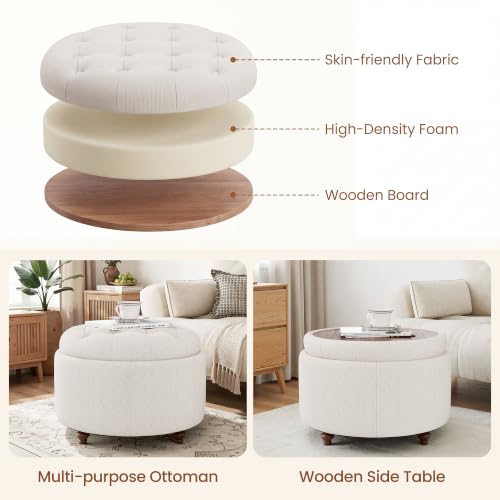 25" Round Ottoman with Storage, Small Coffee Table Reversible Tray Lid