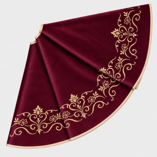 Scritism Burgundy Velvet Christmas Tree Skirt 36 Inch with Gold Embroidery
