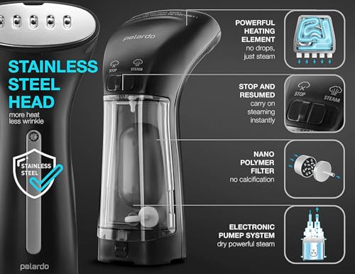 Polardo Black Travel Garment Steamer - Compact Handheld Clothes Steamer with Anti-Spill Tech