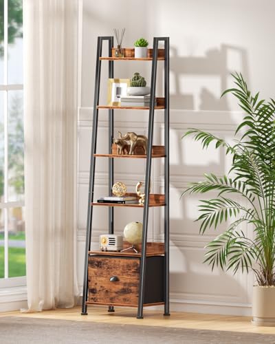 Furologee Rustic Brown 6-Tier Ladder Shelf with Fabric Drawer - Tall Storage Bookcase