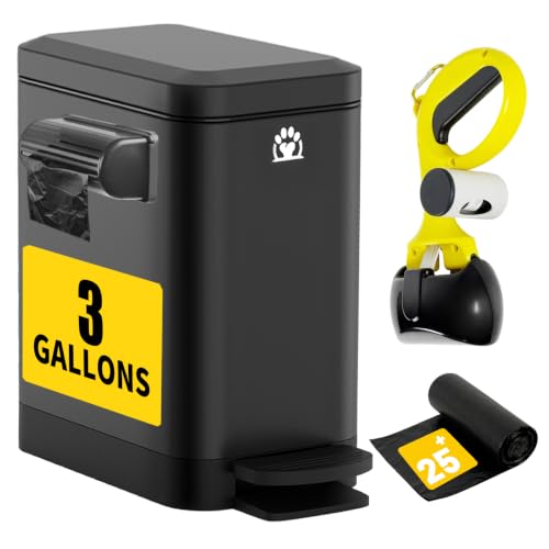Outdoor Dog Poop Trash Can with Lid - 3 Gal Metal Waste Bin & Scooper - Black