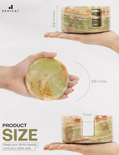 Green Onyx Marble Coasters Set of 6 with Holder - 3.5 Inch Round Natural Stone