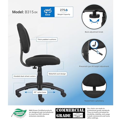 Boss Black Deluxe Posture Office Chair No Arms Adjustable Lumbar Task Chair
