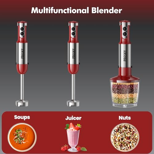 Prasky Red 1200W Handheld Immersion Blender 20-Speed 5-in-1 Kitchen Mixer