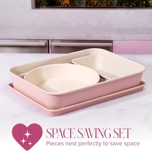 Paris Hilton 5-Piece Heart Pattern Bakeware Set - Pink Nonstick Pan Collection