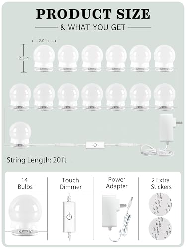 Vaneway 14 Bulb Vanity Mirror Lights Kit with Touch Dimmer & Cool White 6000K - One Color Tone