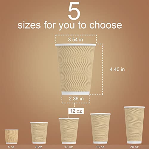 Luckypack 12oz Disposable Insulated Corrugated Coffee Cups - 100 Pack, Brown