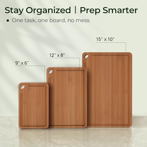 Keechee 3-Piece Carbonized Bamboo Cutting Board Set with Deep Juice Grooves & Handles