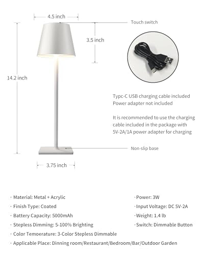 White Cordless Rechargeable LED Desk Lamp - Portable Touch Dimmable Light with 5000mAh Battery - 2 Pack