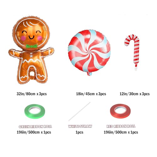 Christmas Balloons Decorations, Gingerbread Balloons, Candy Cane Foil Mylar Balloon for Gingerbread Christmas Party Decorations, New Year, Birthday Party Supplies