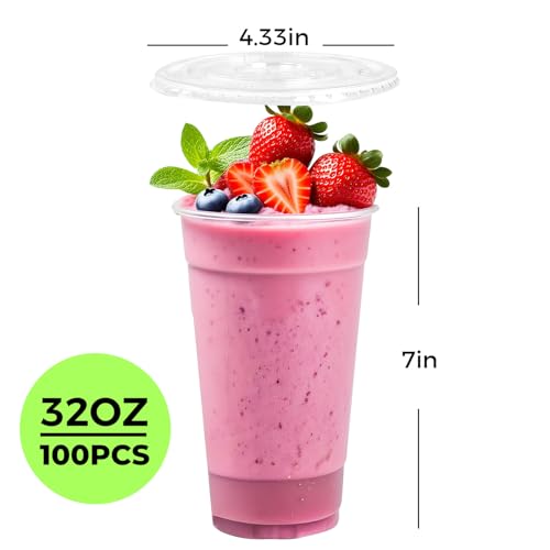 32 oz Disposable Plastic Cups with Lids & Straws - 100 Set for Cold Drinks & Takeout - Variation: 32.0 Ounces / 100