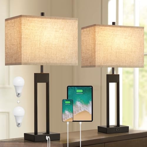 Nightstand Table Lamps Set of 2 - Black Modern Bedside Lamps with USB C+A, Color Change, Dimmable, Includes Bulbs