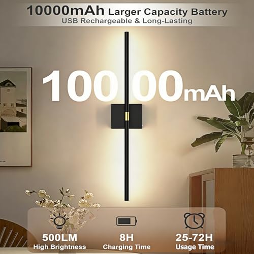 Black Wireless Battery Wall Sconces Set of 2 - Rechargeable 10000mAh, 360° Rotatable LED Wall Lights for Bedroom & Living Room