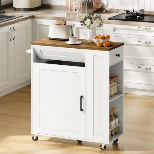 Mobile Kitchen Island Cart with Storage and Hidden Trash Bin - White Walnut Finish