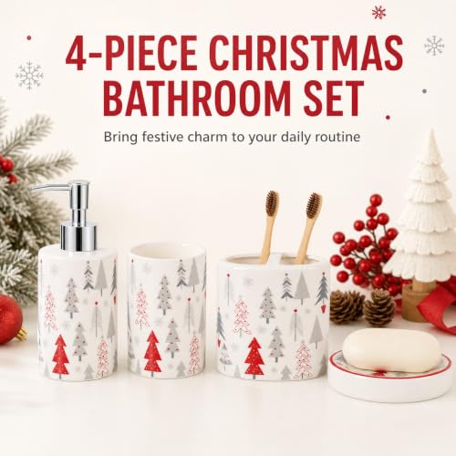 LiveHouse Christmas 4-Piece Ceramic Bathroom Accessory Set - Red Grey Christmas Tree Pattern (Lotion Dispenser, Toothbrush Holder, Tumbler, Soap Dish) - White White