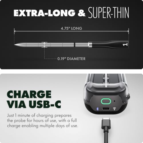 Wireless Meat Thermometer with 1 Probe - Ultra-Thin, WiFi, 1000°F Safe, 5 Sensors, for BBQ, Grill, Oven, Smoker, Air Fryer