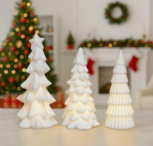 Lighted Ceramic Christmas Tree Set - 3 Small White Holiday Decor Figurines