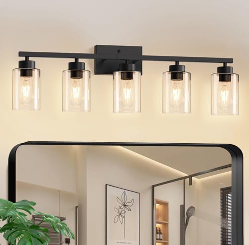 Matte Black 5-Light Bathroom Vanity Light Fixture with Clear Glass Shades